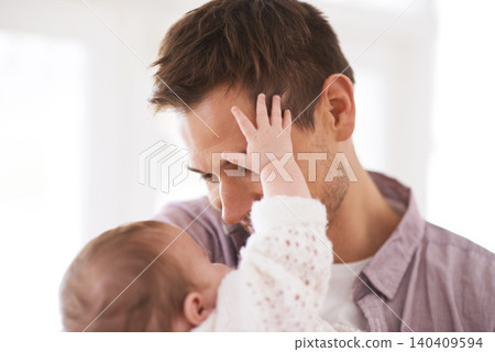 Love, father and baby with touch in home for bonding, comfort or playing together for healthy development. Family, man and newborn child with smile, embrace and relax for parenting, care or security 140409594