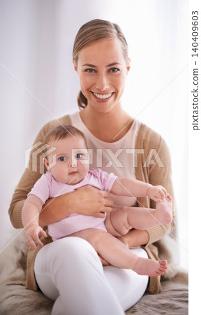 Mother, portrait and newborn baby on bed with love, support and care for family on maternity. Happy mom, parent or woman relaxing with her child or infant for childhood development and growth at home 140409603