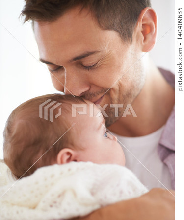 Love, father and baby with kiss in home for bonding, comfort and playing together for healthy development. Family, man and newborn child with happiness, embrace and relax for parenting, care or smile 140409635
