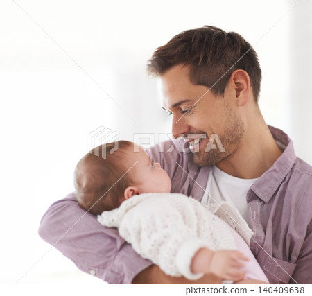 Love, father or baby with bonding in home for happiness, comfort or playing together for healthy development. Family, man or newborn child with smile, embrace or relax for parenting, care or security 140409638