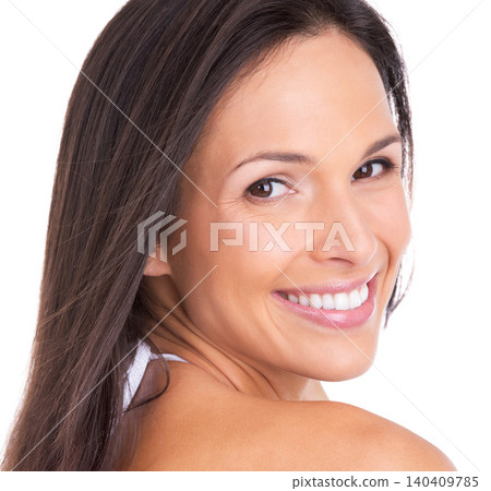 Portrait, skincare and smile with aesthetic woman in studio isolated on white background for wellness. Face, beauty or makeup and happy, natural young person looking satisfied with dermatology 140409785