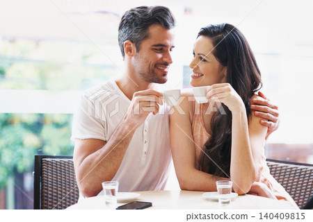 Date, coffee and couple at cafe with happy, smile and love together with toast and hot drink at a table. Espresso, morning and marriage at a restaurant with bonding, care and romance on patio 140409815