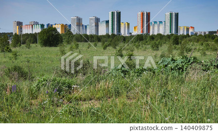 Urban landscape showing contrast between nature and buildings 140409875