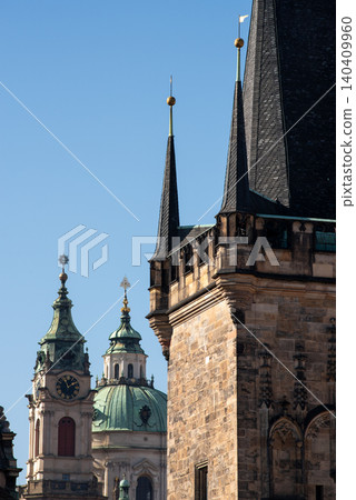 Historic church towers in an old European city 140409960