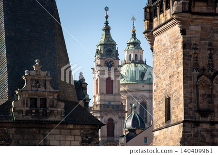 Historic church towers and old city buildings 140409961