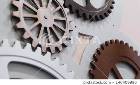 Gears mechanism working together forming a clockwork at an exhibition Gears mechanism working together forming a clockwork at an exhibition 140409980