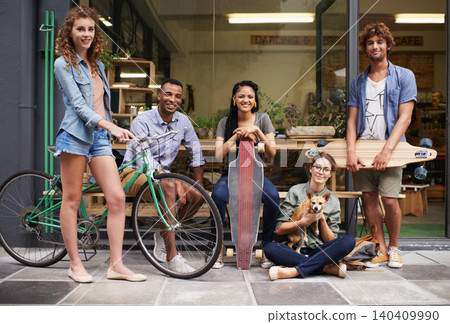 Bike, skateboard and portrait of urban friends on sidewalk together with smile, diversity and bonding. City, gen z style and group of people with street fashion, positive attitude and happy culture. Bike, skateboard and portrait of urban friends on sidewalk together with smile, diversity and bonding. City, gen z style and group of people with street fashion, positive attitude and happy culture. 140409990