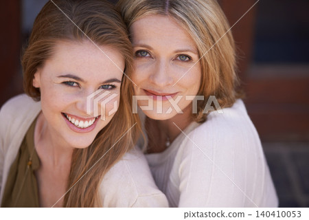 Loving, family and portrait mother and daughter smiling for happy, joyful and relax on vacation. Women, face and affectionate in relationship, security and bonding in America at home for connection 140410053