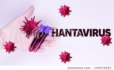 Hantavirus concept with blood test tubes held by gloved hand and floating virus cells on light background. Healthcare, diagnostics, and infectious disease illustration Hantavirus concept with blood test tubes held by gloved hand and floating virus cells on light background. Healthcare, diagnostics, and infectious disease illustration 140410083