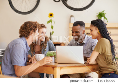Students, group and happy friends on laptop in cafe, learning and education in university. Computer, team and diverse people in coffee shop for knowledge, discussion and studying together for test 140410099