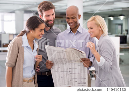 Business team, smile and reading newspaper, stock market and economic state of the company in economy trading. Diverse, colleagues and staff for career, startup and happy for agency and investment Business team, smile and reading newspaper, stock market and economic state of the company in economy trading. Diverse, colleagues and staff for career, startup and happy for agency and investment 140410180