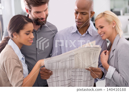 Happy business people, newspaper and reading information for stocks, game or team building at office. Colleagues or employees with document or paper for finance, politics or planning at workplace Happy business people, newspaper and reading information for stocks, game or team building at office. Colleagues or employees with document or paper for finance, politics or planning at workplace 140410188