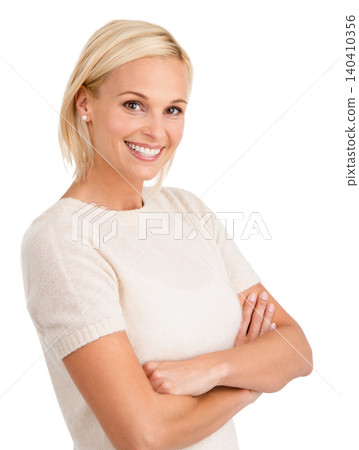 Fashion, portrait and happy woman with arms crossed in studio for confidence or positive attitude on white background. Face, smile and female model with pride pose for style, clothes or outfit choice Fashion, portrait and happy woman with arms crossed in studio for confidence or positive attitude on white background. Face, smile and female model with pride pose for style, clothes or outfit choice 140410356