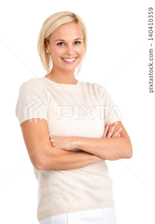 Business, fashion and portrait of happy woman with arms crossed in studio for confidence on white background. Face, smile and female entrepreneur with style, clothes or pride for cool outfit choice Business, fashion and portrait of happy woman with arms crossed in studio for confidence on white background. Face, smile and female entrepreneur with style, clothes or pride for cool outfit choice 140410359