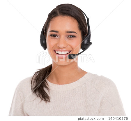 Call center, portrait and woman consulting in studio for contact us, crm or customer support on white background. Telemarketing, faq and face of female consultant with loan advice, help or assistance 140410376