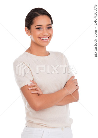 Portrait, happy or woman with arms crossed in studio for fashion, confidence or positive attitude on white background. Face, smile or Mexican model with pride pose for style, clothes or outfit choice Portrait, happy or woman with arms crossed in studio for fashion, confidence or positive attitude on white background. Face, smile or Mexican model with pride pose for style, clothes or outfit choice 140410379