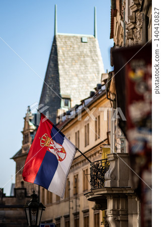 Flag of serbia hanging from ornate balcony of the Embassy of the Republic of Serbia in Prague, Czech Republic Flag of serbia hanging from ornate balcony of the Embassy of the Republic of Serbia in Prague, Czech Republic 140410827