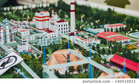 Industrial complex scale model showing factory layout and engineering design Industrial complex scale model showing factory layout and engineering design 140410831
