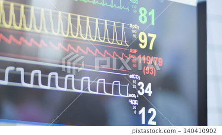 Patient vital signs monitor showing heart rate, oxygen saturation, and blood pressure Patient vital signs monitor showing heart rate, oxygen saturation, and blood pressure 140410902