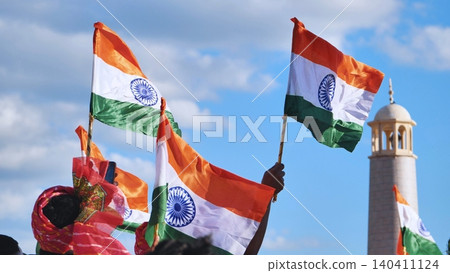 Indian flags waving at a cultural festival celebrating India Day in Moscow, Russia Indian flags waving at a cultural festival celebrating India Day in Moscow, Russia 140411124