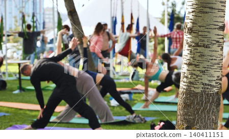 Group of people practicing yoga at India Day festival in Moscow park Group of people practicing yoga at India Day festival in Moscow park 140411151