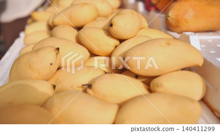 Fresh Mangoes and Papayas Waiting for Customers at a Fruit Stand in India Fresh Mangoes and Papayas Waiting for Customers at a Fruit Stand in India 140411299