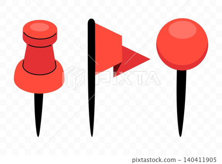 Pushpin, flag pin, thumbtack for office board, graphic design. Memo fixing, map location marker and gps pointer, vector design and illustration Pushpin, flag pin, thumbtack for office board, graphic design. Memo fixing, map location marker and gps pointer, vector design and illustration 140411905
