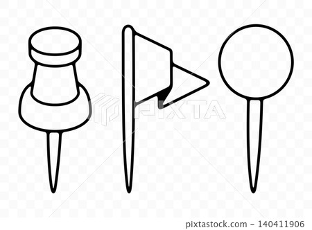 Pushpin, flag pin, thumbtack for office board, graphic design. Memo fixing, map location marker and gps pointer, vector design and illustration 140411906