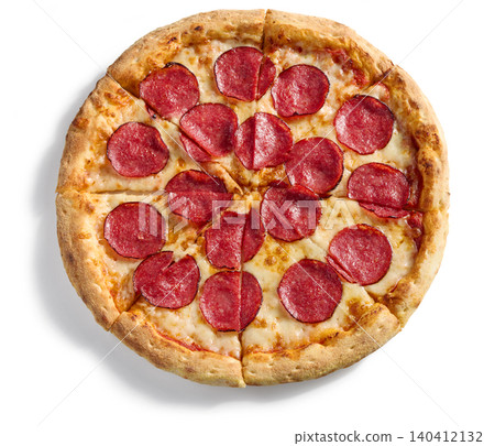 freshly baked pizza salami on white background, top view freshly baked pizza salami on white background, top view 140412132