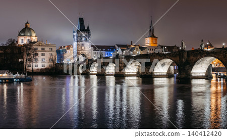 Timelapse. Charles Bridge At Night In Winter Viewed From Lesser Town Riverbank Timelapse. Charles Bridge At Night In Winter Viewed From Lesser Town Riverbank 140412420