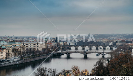 Letna viewpoint overlooking Vltava River with boats smoothly moving along water Letna viewpoint overlooking Vltava River with boats smoothly moving along water 140412431