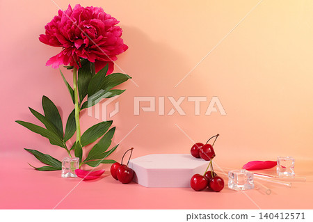 Premium podium with peony, cherries and ice cubes on a sunny elegant background, summer party concept, minimalist abstract background for product presentation, design template, podium on a pedestal Premium podium with peony, cherries and ice cubes on a sunny elegant background, summer party concept, minimalist abstract background for product presentation, design template, podium on a pedestal 140412571