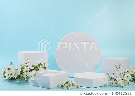Beautiful banner with cherry blossoms and empty, varied product display stands, design template and a display. Abstract floral arrangement for a product display business card,Minimal modern aesthetics Beautiful banner with cherry blossoms and empty, varied product display stands, design template and a display. Abstract floral arrangement for a product display business card,Minimal modern aesthetics 140412581