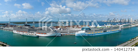 Miami, Florida, USA - May 17, 2025: Panoramic cruise ship. Ship in Miami port. MSC World America and Icon of the seas cruise ship voyage. MSC cruises and Royal Caribbean International cruise line 140412734