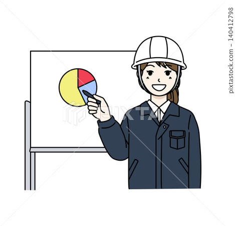 Female worker, helmet, graph explanation, presentation, data analysis, navy blue. 140412798