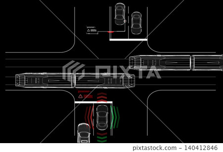 Digital representation of radar detecting cars and trains at a busy intersection with active collision avoidance warnings Digital representation of radar detecting cars and trains at a busy intersection with active collision avoidance warnings 140412846