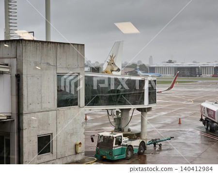 Buenos Aires, Argentina - March 29, 2026: Jet bridge and ground equipment at Aeroparque Jorge Newbery. Buenos Aires, Argentina - March 29, 2026: Jet bridge and ground equipment at Aeroparque Jorge Newbery. 140412984