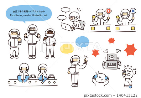 一組插圖,描繪了各種場景,例如食品工廠工人正在工作或遇到問題。 一組插圖,描繪了各種場景,例如食品工廠工人正在工作或遇到問題。 140413122