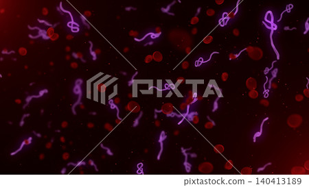 Microscopic view of infectious Ebola Virus cells (virions) and red blood cells flowing through the human bloodstream.  140413189