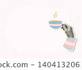 Hand holding a cup of coffee with transgender pride flag colors, Trans colors vector halftone collage background with copy space for poster, invitations 140413206