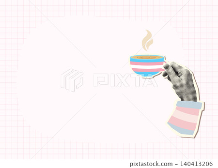 Hand holding a cup of coffee with transgender pride flag colors, Trans colors vector halftone collage background with copy space for poster, invitations Hand holding a cup of coffee with transgender pride flag colors, Trans colors vector halftone collage background with copy space for poster, invitations 140413206