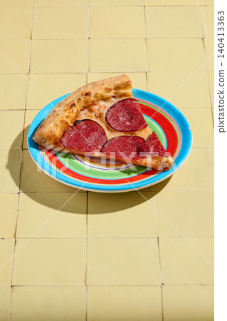 Slice of Pepperoni Salami Pizza on Colorful Plate and Yellow Tile Background Slice of Pepperoni Salami Pizza on Colorful Plate and Yellow Tile Background 140413363
