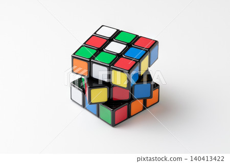 A photograph of a rotating cube puzzle against a white background. 140413422
