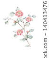 Watercolor illustration of branch with pink ranunculus flowers and green eucalyptus leaves in realistic style. Isolated on white background, for romantic design, wedding invitation, card, flower shop. 140413476