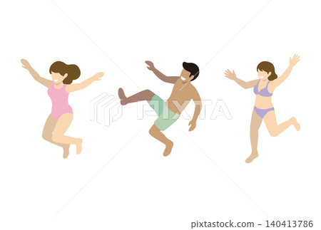 等距插圖,描繪了一男一女身穿泳裝,在夏季、大海、泳池、沙灘上跳躍,享受休閒時光。 等距插圖,描繪了一男一女身穿泳裝,在夏季、大海、泳池、沙灘上跳躍,享受休閒時光。 140413786