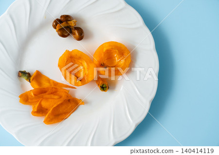 Peeled, organic loquats with irregular shapes. Place the flesh, seeds, peel, and hilum on a plate. Peeled, organic loquats with irregular shapes. Place the flesh, seeds, peel, and hilum on a plate. 140414119