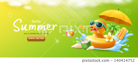 Summer banner design, Yellow rubber duck Wear sunglasses on the splashing water Summer banner design, Yellow rubber duck Wear sunglasses on the splashing water 140414752