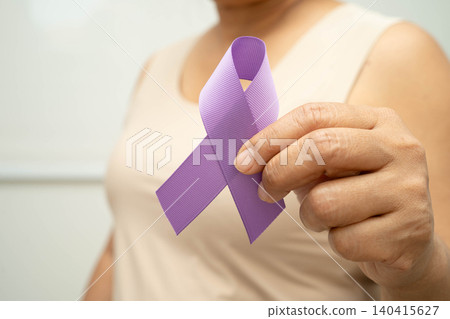 Asian woman with purple ribbon for September World pancreatic cancer day or world Alzheimer day. Asian woman with purple ribbon for September World pancreatic cancer day or world Alzheimer day. 140415627