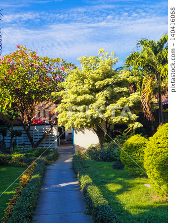 Beautiful tropical garden park featuring a paved walking path, green manicured lawns, and a blooming red flamboyant tree under a clear sunny blue sky. Beautiful tropical garden park featuring a paved walking path, green manicured lawns, and a blooming red flamboyant tree under a clear sunny blue sky. 140416068