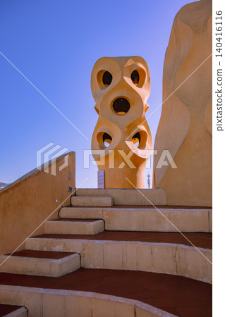 Spain, Barcelona, Gaudí, Casa Milà rooftop ventilation grille 140416116